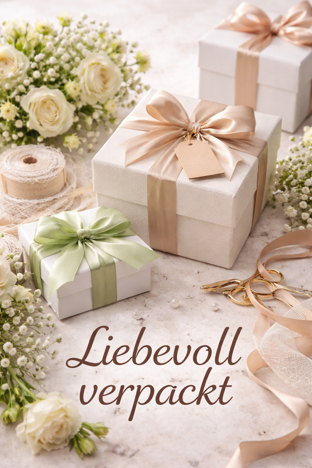 Elegant verpackte Geschenkboxen mit Satinband und Blumen – liebevoll verpackte Geschenkideen